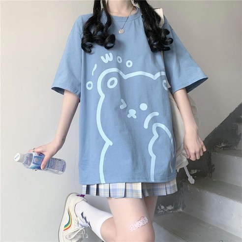 KORELAN 학원풍 귀여운 곰돌이 프린트 반팔 티셔츠