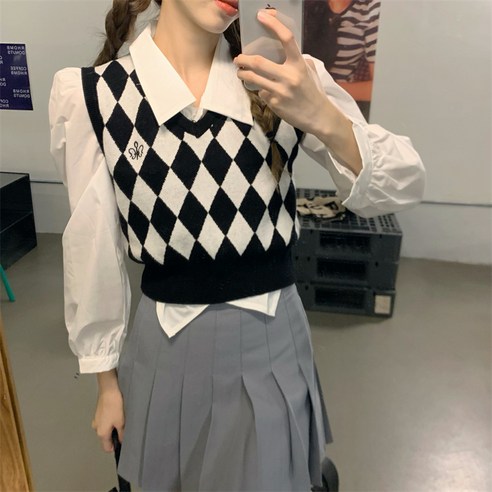 격자 무늬 v-neck 조끼 스웨터 여성 초가을과 겨울 자켓 게으른 2022 년 새 한국어 버전 느슨한 슬림