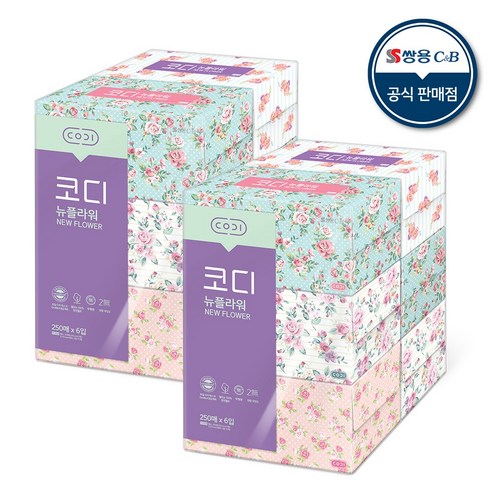코디 뉴플라워 천연펄프 미용티슈 250매, 6개입, 2개