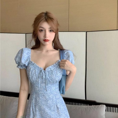 여름 패션 스커트 프렌치 하트머플러 쇄골사각넥 도라지 스커트 허리 여밈 플라워 원피스 여