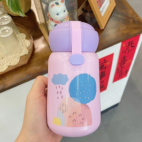 작은 신선한 휴대용 보온병 컵 304 스테인레스 스틸 마시는 컵 야외 물 컵 심장 휴대용 한국어 버전, 업그레이드된 보라색 뚜껑 350nl, 싱글 컵