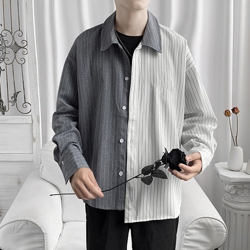 트렌드 비대칭 긴팔 스트라이프 셔츠 남성 홍콩 스타일 대비 색상 스티치 러피언 잘 생긴 느슨한 디자인 셔츠 조수