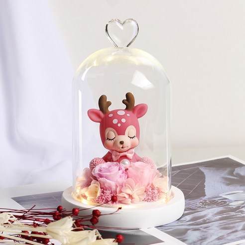 [LOVE MQ] 테디 베어 꽃 영원한 로즈 아름다움과 야수 말린 꽃 유리 돔 웨딩 홈 장식 생일 선물, 하나, Deer01 핑크
