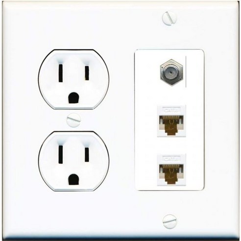 벽면 콘센트 오디오 비디오 15암페어 원형 전원 2 포트 Cat6 이더넷 1 동축 케이블 TV 벽판 흰색, 벽면 콘센트 오디오 비디오 15암페어 원형 전원 2 포