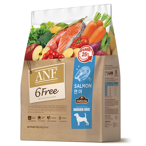 ANF 생후 4개월 이상 인도어 독 식스프리 건식사료, 연어, 2kg, 1개
