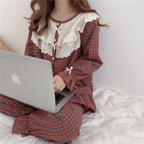 DFMEI 새로운 한국어 스타일 레트로 격자 무늬 긴팔 잠옷 여성 느슨한 캐주얼 봄 가을 야외 홈 정장