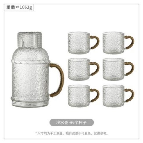 DFMEI 해머무늬 쿨 케틀 글라스 고온 대용량 물 2L 쿨 화이트 오픈 쿨 워터 보틀 콜드 케틀 내열 가정용, DFMEI 해머드 냉각 주전자 + 6개의 물컵, 특대형 2.3L 프리 4컵/마카롱 그레이