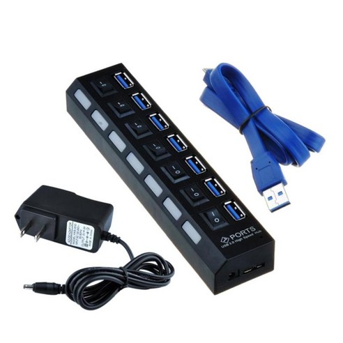7 포트 USB 3.0 멀티 충전기 허브 고속 어댑터 ON/OFF 스위치 PC 블랙, L190xW34xH15mm, 아크릴로 니트릴 부타디엔 스티렌 플라스틱