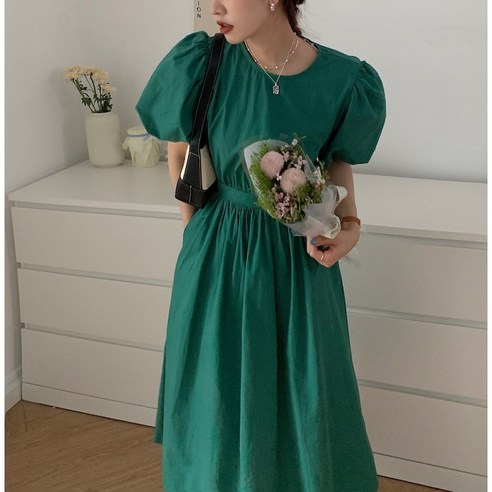 BANHANY 벨로나 뒷트임 리본 밴딩 셔링 퍼프 반팔 롱 플레어 원피스 4color 22052727