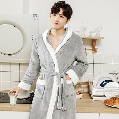 DFMEI-Y 잠옷 여성의 가을과 겨울 긴 산호 양털 플러스 벨벳 두꺼운 커플 목욕 가운 플란넬 남자 잠옷 겨울 홈 착용, {"패션의류/잡화 사이즈":"XL 적합 [180cm -200kg]"}, DFMEI 그레이 [] 후드 플란넬