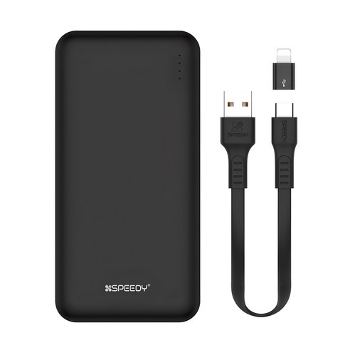 SPEEDY 슬림 듀얼 보조배터리 10000mAh + C타입 케이블 + 8핀 젠더, BND-2PCPPB100A, 블랙