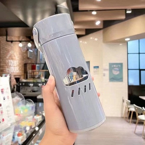뚜껑이 있는 대용량 이중 유리 물컵으로 편리한 컵 인 고부가가치 사무용, 클라우드 블루 480ml, 싱글 컵 + 핸들