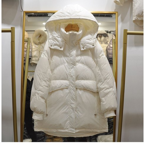 겨울 새로운 유럽 후드 빵 자켓 순수한 다운 자켓 여성 중반 느슨한 흰색 오리 자켓