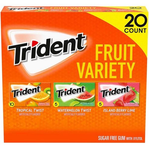 Trident 트라이던트 무설탕 자일리톨 껌 과일맛 버라이어티팩 20팩 2박스