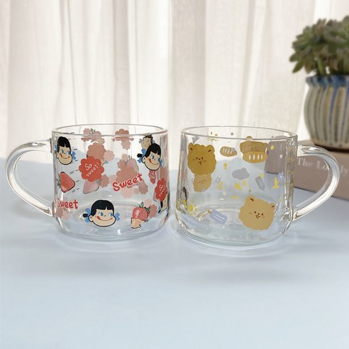 swishery 내열 유리 머그컵 350ml 2개, 여자 컵+곰 컵