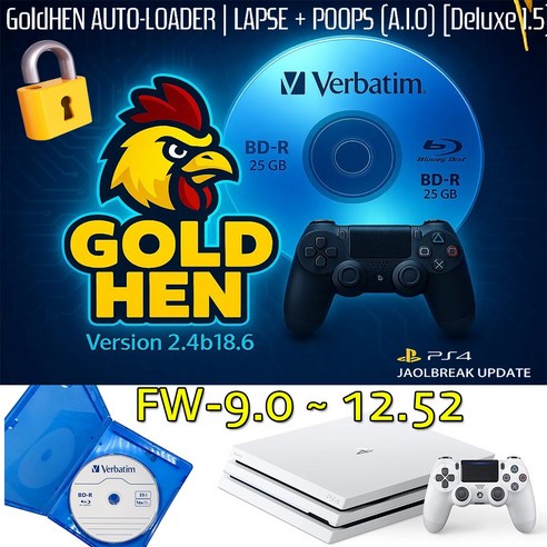 PS4 탈옥용 골드헨 블루레이 디스크-올인원 버바팀-BD-R 25GB (FW 9.0-12.52) GoldHEN_AUTO-LOADER_Deluxe_1.5 홈브류 페이로드, 1개, 벌크포장, PS4 탈옥용 블루레이 디스크 FW 9.0-12.52