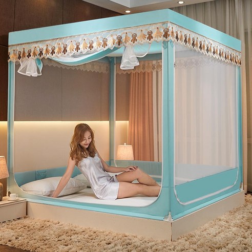 MEIISEO 가정용 모기장 침대 원터치 모기장, 1.2 m 침대, 방진 탑 B 블루 그린