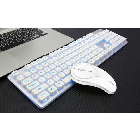 [LF] [LF]충전식 무선 키보드 및 마우스 세트 노트북 PC 컴퓨터 기계 키보드 백라이트 2.4G 게임 마우스 키보드, whitebluelight, 하나, 하나