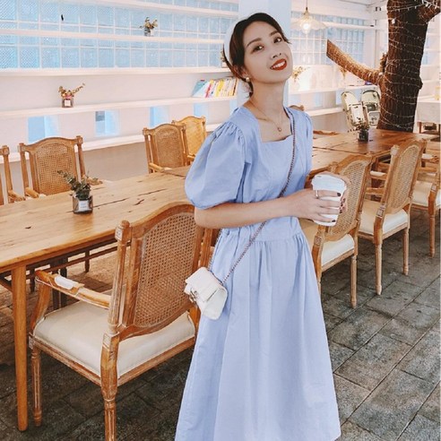 Emeili 여성 솔리드 컬러 스퀘어 칼라 퍼프 하프 슬리브 맥시 드레스 일일 파티를위한 긴