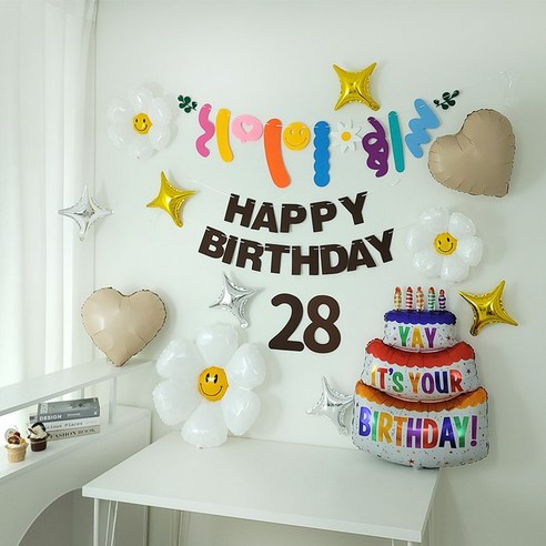 브라운가랜드 숫자펠트 데이지풍선 대형생일케익풍선 생일파티용품 세트, 1세트, 28번세트
