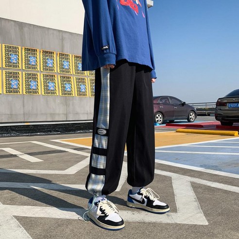 KORELAN 옷 체크 배색 캐주얼 팬츠 남성 루즈핏 트렌드 팬츠 발 묶음신상 남성복 만화 캐주얼 바지 야드 발 묶음 운동 긴 바지 트렌드