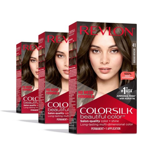 Revlon ColorSilk Beautiful Color Permanent Hair Co Revlon ColorSilk 뷰티풀 컬러 퍼머넌트 헤어 컬러 오래 지속되는 고화질 컬, 1개, 41 미디엄 브라운, 130.13ml