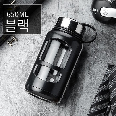 더블 레이어 유리 대용량 휴대용 고급 내열성 방폭 물 컵 차 분리 차 컵, 블랙 650Ml, 하나