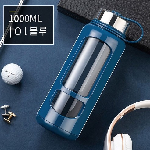 더블 레이어 유리 대용량 휴대용 고급 내열성 방폭 물 컵 차 분리 차 컵, 블루 1000Ml, 하나