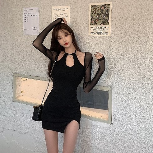 교수형 드레스 여성 망사 긴 소매 가방 엉덩이 스커트 2021 가을 새로운 섹시한 내부 스커트