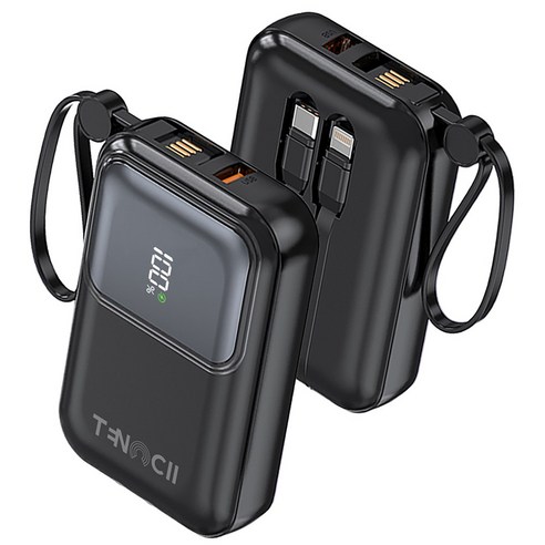 TENCII 휴대용 고속충전 QC 3.0 PD 22.5W 3개 충전선 내장 도킹형 미니 보조배터리 10000mAh, 블루