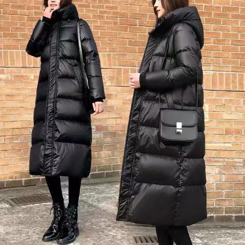 POMTOR 여성 겨울 블랙 롱패딩 슬림핏 따뜻한 후드 패딩 방한 롱자켓