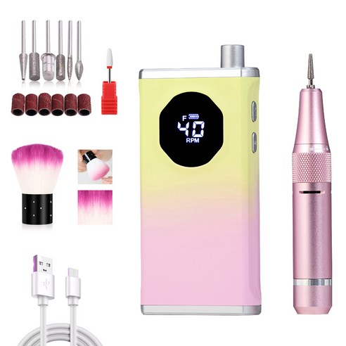 KUKEE [국내발송] 네일드릴기 전동 네일 머신 손톱 관리기 무소음 0-40000rpm 속도 조절 홈케어 젤네일드릴 전문 폴리셔, 1개, 레몬핑크