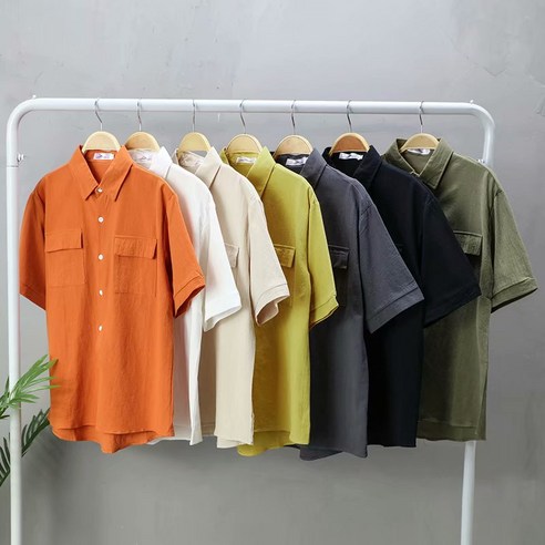 홍콩 스타일의 남성용 반팔 셔츠 스트리트 잘 생긴 느슨한 포켓 솔리드 컬러 셔츠