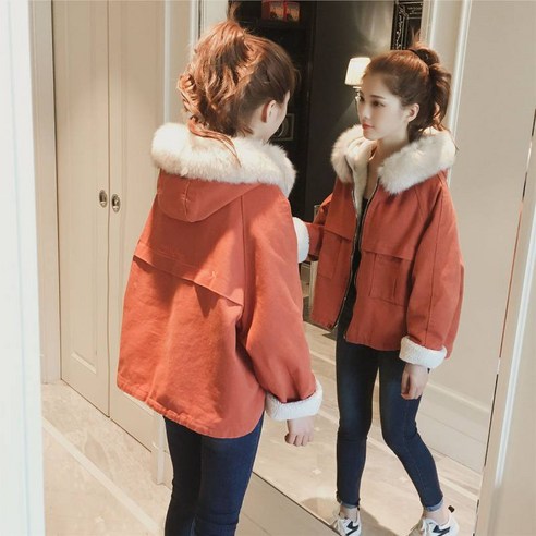KORELAN 가을겨울 후드 빅 퍼 칼라 램스울 카고 숏 점퍼 코트 여성복 오버핏 다운 점퍼