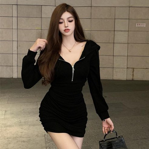 단색 섹시한 지퍼 반 오픈 칼라 긴 소매 드레스 여성 가을 새로운 주름 슬림 피트 엉덩이 스커트 후드 스커트