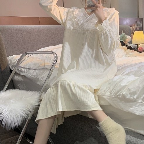 순욕풍 달콤한 레이스 V넥 순면 잠옷 여춘추 2022년 홈웨어 키다리 잠옷
