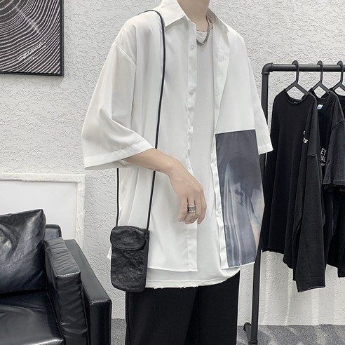하복 개성있는 프린트 셔츠 남 반팔 풍 일류 루즈핏 캐주얼 하라주쿠풍 셔츠 패션피켓