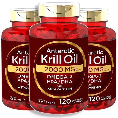 칼라일 Antarctic 크릴 오일 2000mg 오메가3 EPA DHA & 아스타잔틴 필수지방산 소프트젤 120개입, 3병