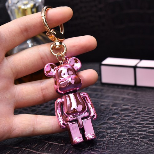 아크릴 폭력곰 열쇠고리 가방 액세서리 관절 곰 자동차 열쇠 액세서리 커플 열쇠고리, 핑크+골드