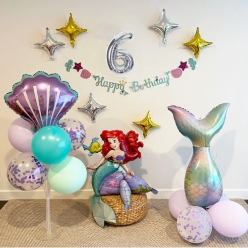 공주풍선 인어공주 생일파티세트 앉아있는 애리얼, 실버숫자 6, 1세트