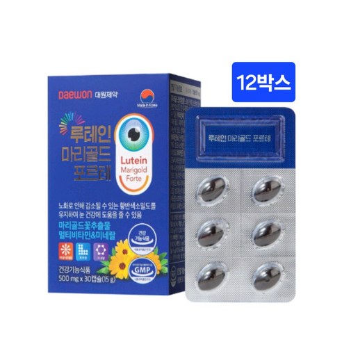 눈 피로회복 영양제 대원제약 루테인 마리골드 포르테 500mg X 30캡슐 1개월분 나이아신 망간 아연 구리 비타민b6 비타민A 비타민E 셀레륨 하루에 한알 간편 개별포장, 12박스(12개월), 12개, 30정