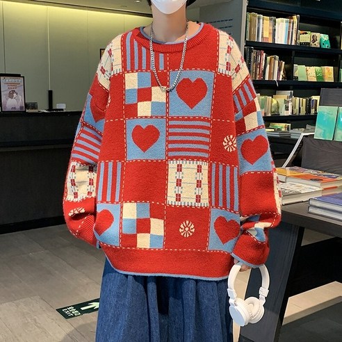 가을 겨울 커플 스웨터 홍콩 스타일 패션 하트 자카드 스웨터 남자 한국 스타일 잘 생긴 스웨터