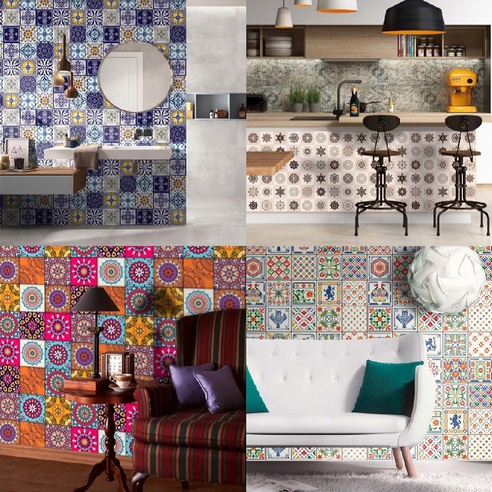 모로코 스타일 타일 시트지 스티커 – 접착식 60cm x 2m, 주방/욕실/현관/화장실 벽 인테리어용 (006) 현관타일시트지