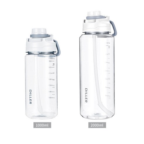 눈금이 있는 컵에 대용량으로 빨대 스포츠 물컵, 하얀색, 2000ml