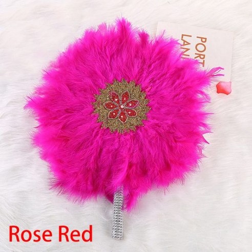손부채 터키 깃털 손 팬 돌 핸드 단면 아프리카 댄스 웨딩 장식, Rose red