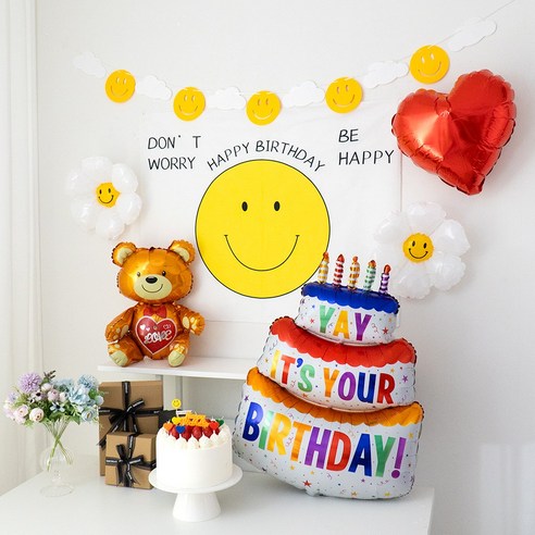 GAM 스마일 생일포스터 데이지 하트풍선 3단케익 곰돌이 호일풍선 생일파티용품 세트 생일꼬깔 생일안경 생일카드 공기주입기, 스마일 생일포스터 파티용품세트
