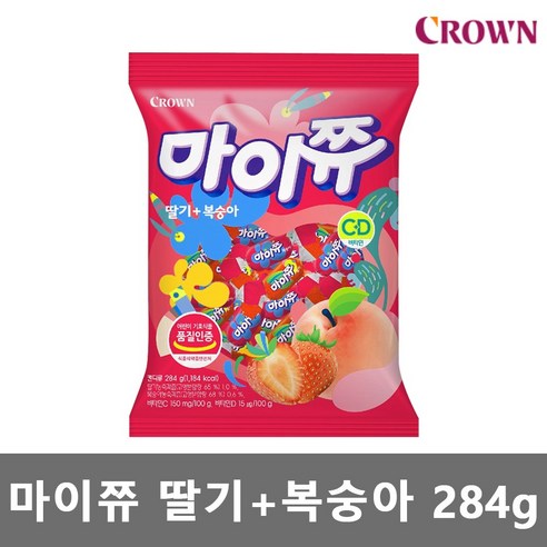 인긴간식 마이쮸 딸기 복숭아 대용량 간식, 284g, 4개