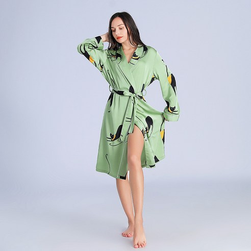 DFMEI 잠옷 실크 아이스 실크 숙녀 잠옷 여성용 긴 소매 가운 목욕 가운 Homewear, DFMEI 초록, 엘