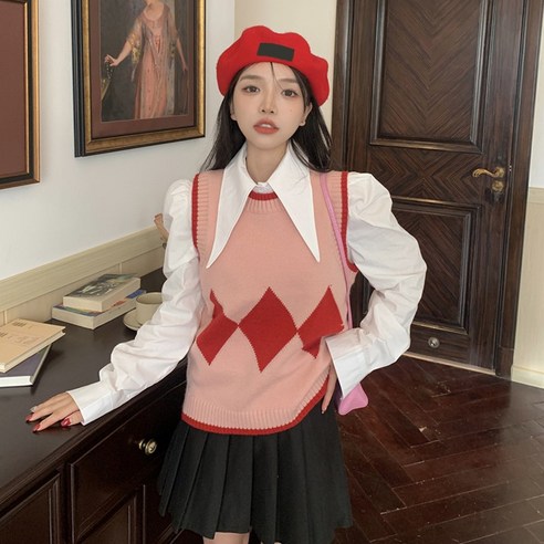 핑크 니트 조끼 여성용 봄 아우터 일본 레이어드 스웨터 디자인 작은 조끼 조끼 조끼 조끼
