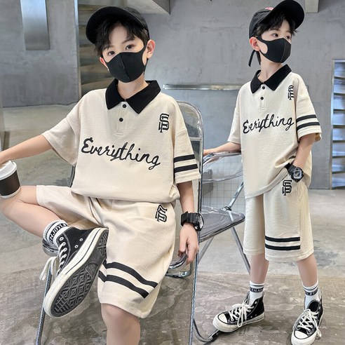 비비키드 남아 여름 주니어 상하복 세트 영어 줄무늬 초등생 반팔티 반바지 초중생 캐쥬얼 운동복